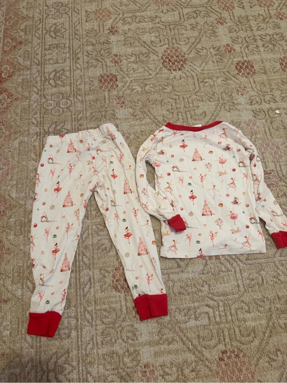 Girls' White Pajama Set with Red Trim and Ballet Print 4T